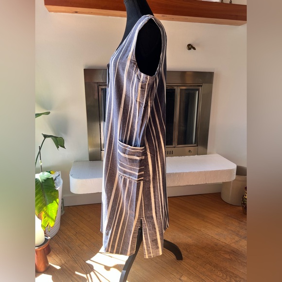 Mahina Blue and White Striped Button Up V - Neck Sleeveless Dress - Picture 2 of 8